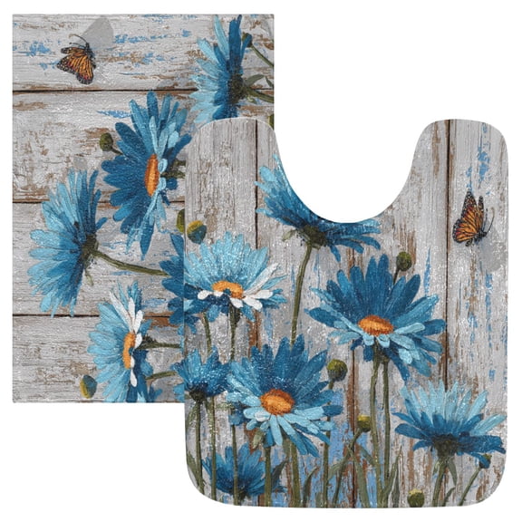 2 Piece Soft Bathroom Rug Set Cyan Daisy Flowers Bath Mat and U-Shaped Toilet Contour Rug (16"x24" 20"x24")