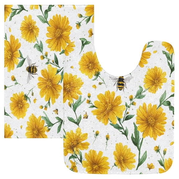 2 Piece Soft Bathroom Rug Set Daisies and Bees Pattern Bath Mat and U-Shaped Toilet Contour Rug (16"x24" 20"x24")