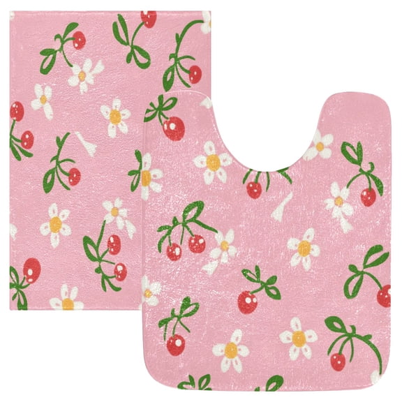 2 Piece Soft Bathroom Rug Set Daisies and Bow Pattern Bath Mat and U-Shaped Toilet Contour Rug (16"x24" 20"x24")