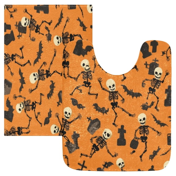 2 Piece Soft Bathroom Rug Set Dancing Skeletons and Bats Bath Mat and U-Shaped Toilet Contour Rug (16"x24"+20"x24")