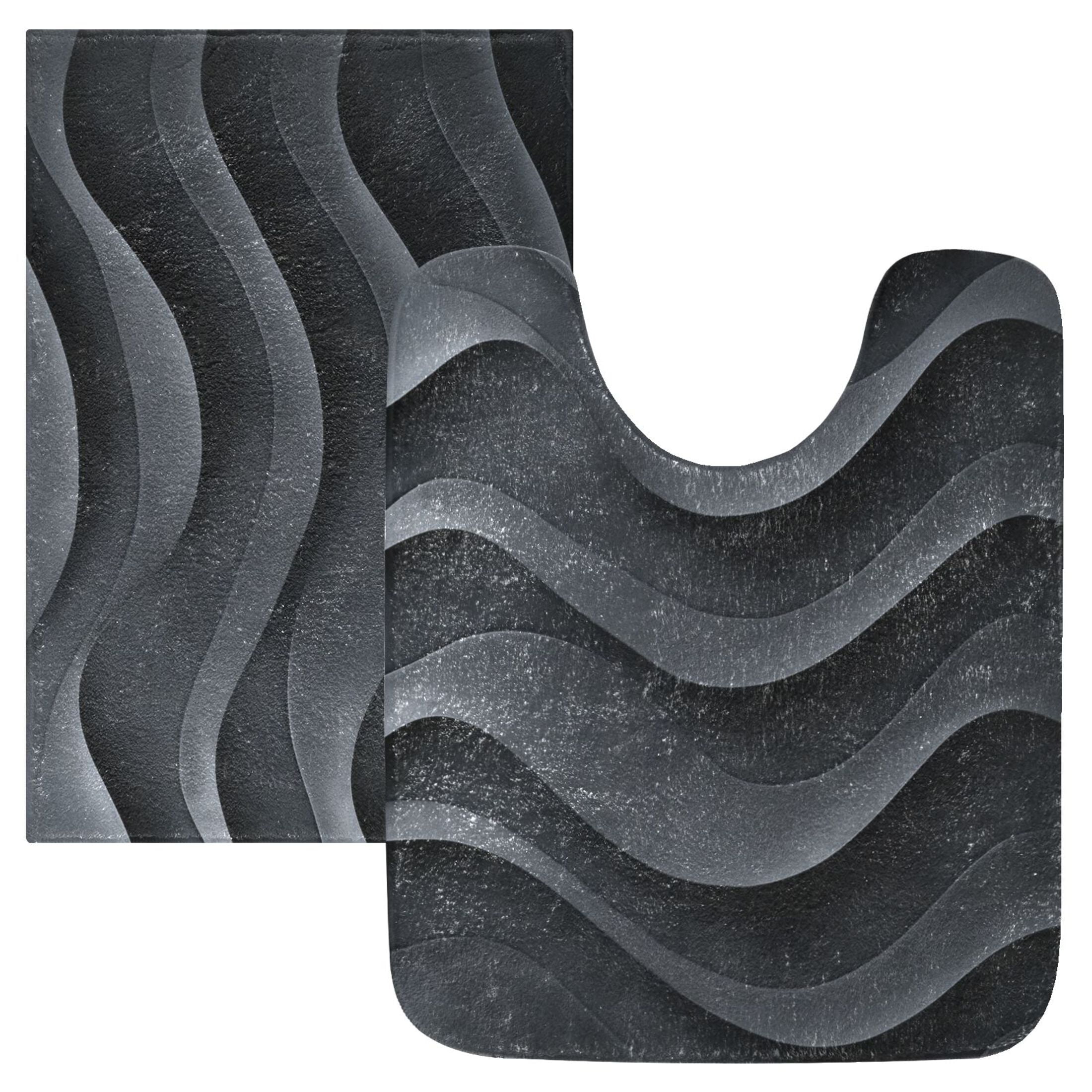 2 Piece Soft Bathroom Rug Set Dark Gray Wave Pattern Bath Mat and U-Shaped Toilet Contour Rug (16"x24"+20"x24")
