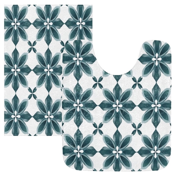 2 Piece Soft Bathroom Rug Set Dark Green Geometric Flowers Bath Mat and U-Shaped Toilet Contour Rug (16"x24" 20"x24")