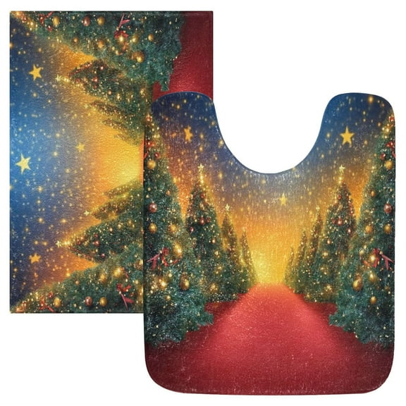 2 Piece Soft Bathroom Rug Set Decorated Christmas Trees Bath Mat and U-Shaped Toilet Contour Rug (16"x24" 20"x24")