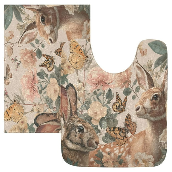 2 Piece Soft Bathroom Rug Set Deer and Butterflies Pattern Bath Mat and U-Shaped Toilet Contour Rug (16"x24" 20"x24")