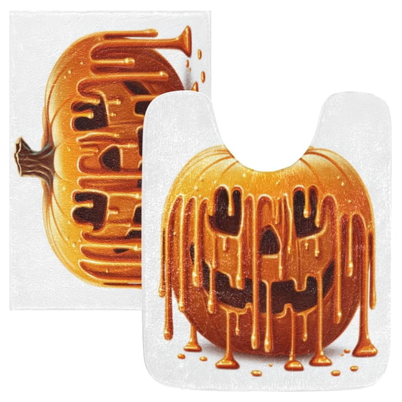 2 Piece Soft Bathroom Rug Set Dripping Pumpkin Bath Mat and U-Shaped Toilet Contour Rug (16"x24" 20"x24")