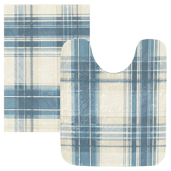 2 Piece Soft Bathroom Rug Set Dusty Blue and Beige Check Bath Mat and U-Shaped Toilet Contour Rug (16"x24" 20"x24")