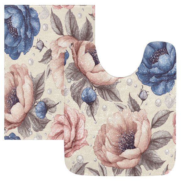 2 Piece Soft Bathroom Rug Set Dusty Pink Peonies Bath Mat and U-Shaped Toilet Contour Rug (16"x24" 20"x24")