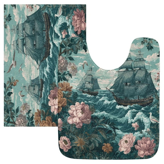 2 Piece Soft Bathroom Rug Set Elegant Nautical Scene Bath Mat and U-Shaped Toilet Contour Rug (16"x24"+20"x24")