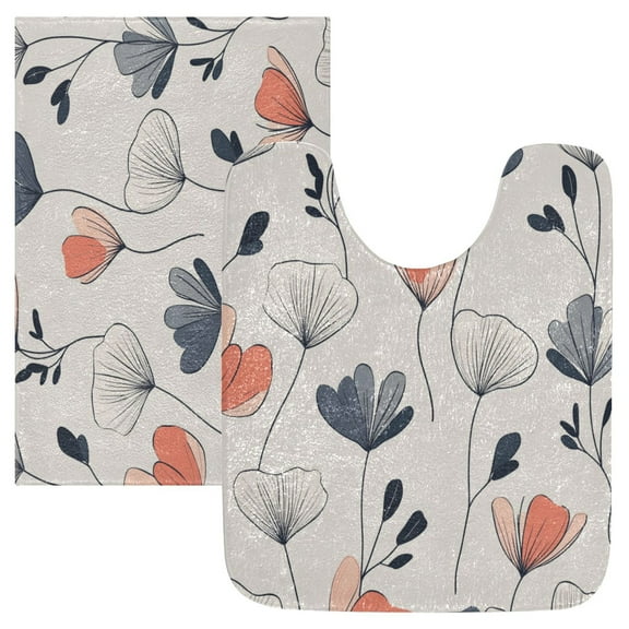 2 Piece Soft Bathroom Rug Set Elegant and Simple Flowers Bath Mat and U-Shaped Toilet Contour Rug (16"x24" 20"x24")