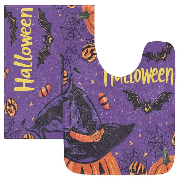 2 Piece Soft Bathroom Rug Set Featuring Cartoonish Bat Bath Mat and U-Shaped Toilet Contour Rug (16"x24" 20"x24")