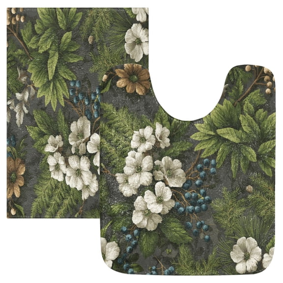 2 Piece Soft Bathroom Rug Set Ferns and Flowers Bath Mat and U-Shaped Toilet Contour Rug (16"x24" 20"x24")