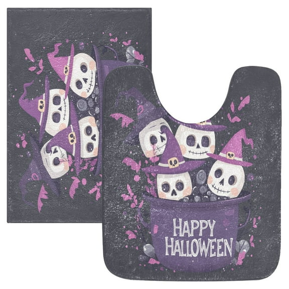 2 Piece Soft Bathroom Rug Set Flat Design Halloween Background Bath Mat and U-Shaped Toilet Contour Rug (16"x24" 20"x24")