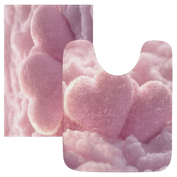 2 Piece Soft Bathroom Rug Set Fluffy Pink Heart-shaped Bath Mat and U-Shaped Toilet Contour Rug (16"x24" 20"x24")