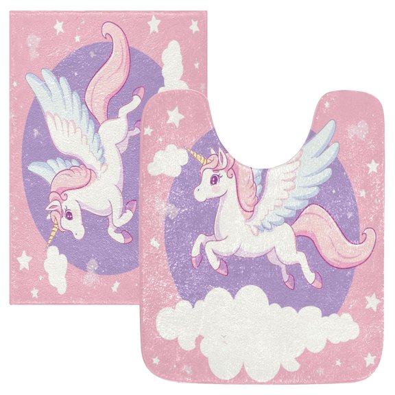 2 Piece Soft Bathroom Rug Set Flying Unicorn with Wings Bath Mat and U-Shaped Toilet Contour Rug (16"x24" 20"x24")