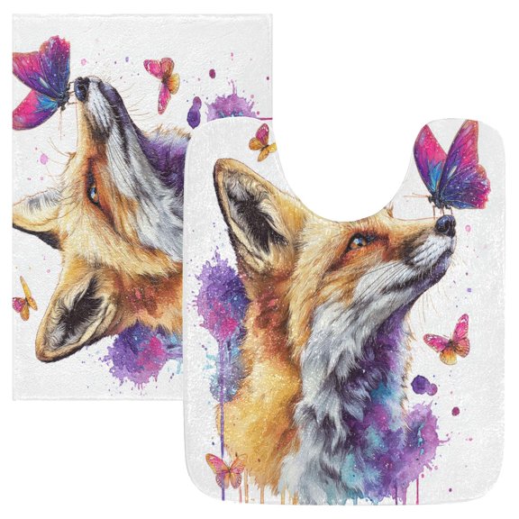 2 Piece Soft Bathroom Rug Set Fox and Butterflies Bath Mat and U-Shaped Toilet Contour Rug (16"x24" 20"x24")