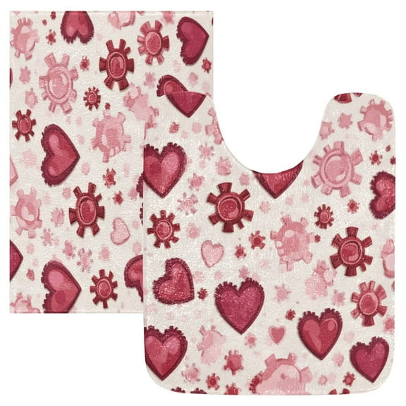 2 Piece Soft Bathroom Rug Set Gear-shaped Hearts Pattern Bath Mat and U-Shaped Toilet Contour Rug (16"x24" 20"x24")