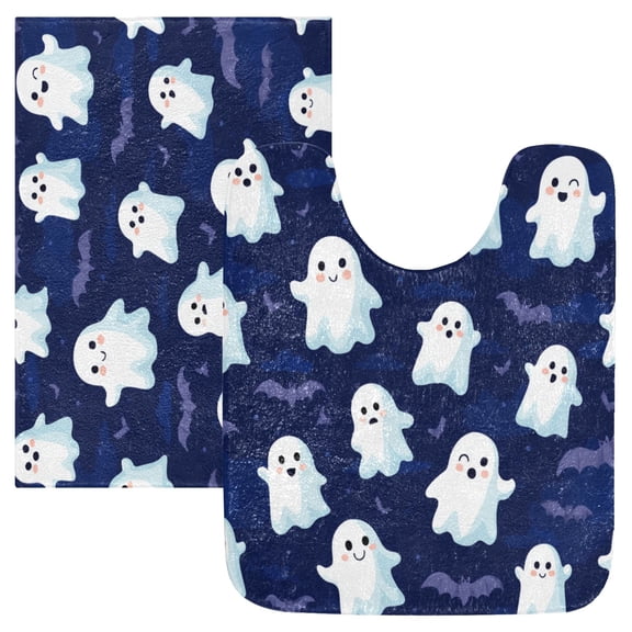 2 Piece Soft Bathroom Rug Set Ghost on Dark Blue Background Bath Mat and U-Shaped Toilet Contour Rug (16"x24" 20"x24")