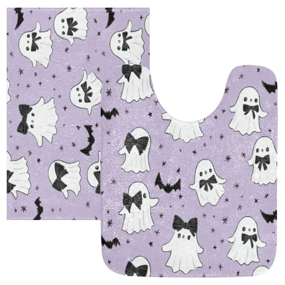 2 Piece Soft Bathroom Rug Set Ghost with A Bow Tie Bath Mat and U-Shaped Toilet Contour Rug (16"x24" 20"x24")