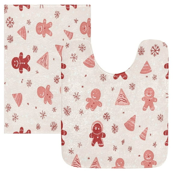 2 Piece Soft Bathroom Rug Set Gingerbread Men Pattern Bath Mat and U-Shaped Toilet Contour Rug (16"x24" 20"x24")