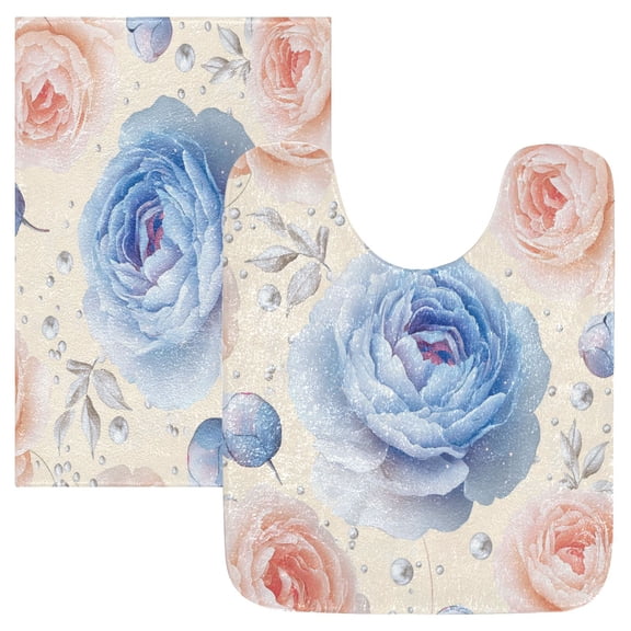 2 Piece Soft Bathroom Rug Set Glittering Peonies Bath Mat and U-Shaped Toilet Contour Rug (16"x24" 20"x24")
