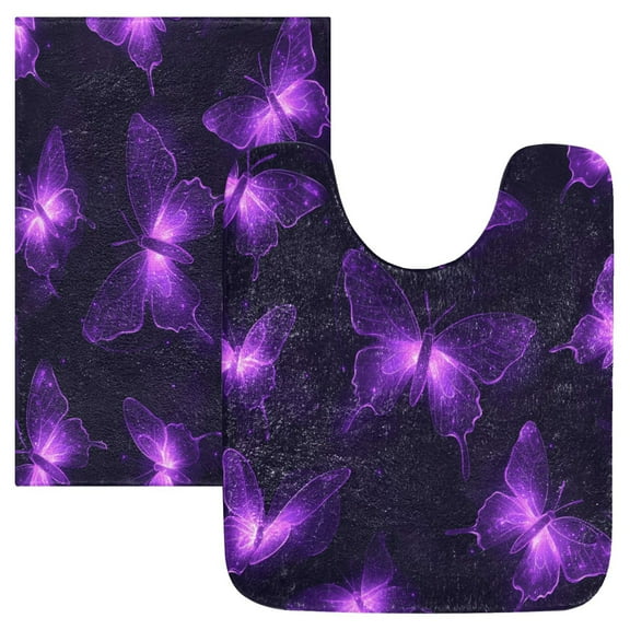 2 Piece Soft Bathroom Rug Set Glowing Butterflies Pattern Bath Mat and U-Shaped Toilet Contour Rug (16"x24" 20"x24")
