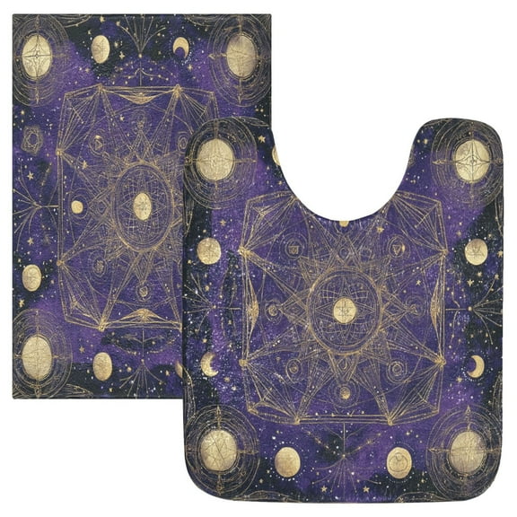 2 Piece Soft Bathroom Rug Set Gold Celestial Pattern Bath Mat and U-Shaped Toilet Contour Rug (16"x24" 20"x24")