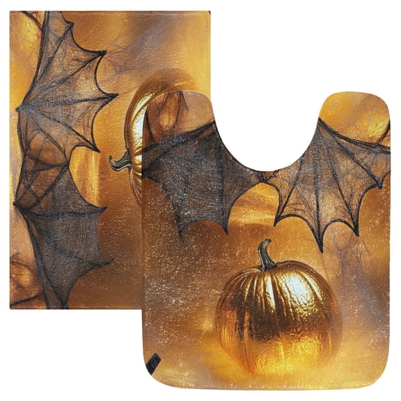 2 Piece Soft Bathroom Rug Set Golden Pumpkin Bath Mat and U-Shaped Toilet Contour Rug (16"x24" 20"x24")