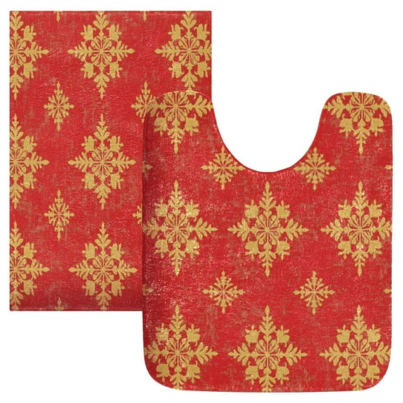 2 Piece Soft Bathroom Rug Set Golden Snowflakes Bath Mat and U-Shaped Toilet Contour Rug (16"x24" 20"x24")