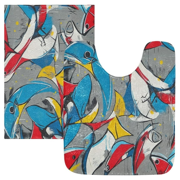 2 Piece Soft Bathroom Rug Set Graffiti Of Fish Bath Mat and U-Shaped Toilet Contour Rug (16"x24"+20"x24")