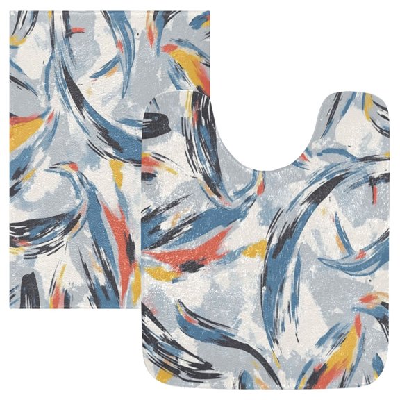 2 Piece Soft Bathroom Rug Set Gray Brush Strokes Bath Mat and U-Shaped Toilet Contour Rug (16"x24" 20"x24")