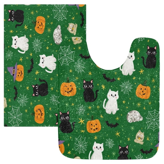 2 Piece Soft Bathroom Rug Set Green Background with Cats Bath Mat and U-Shaped Toilet Contour Rug (16"x24" 20"x24")