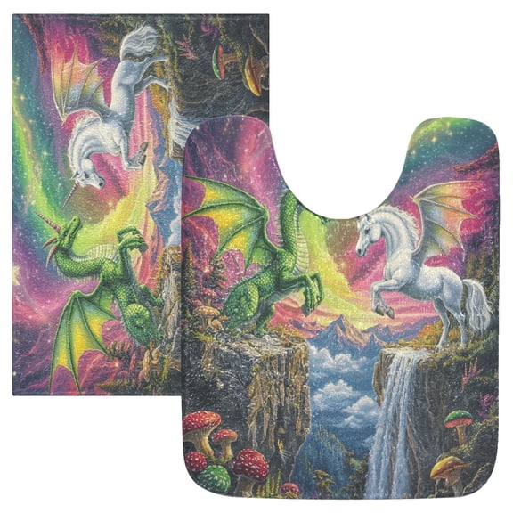 2 Piece Soft Bathroom Rug Set Green Dragon and White Unicorn Bath Mat and U-Shaped Toilet Contour Rug (16"x24"+20"x24")