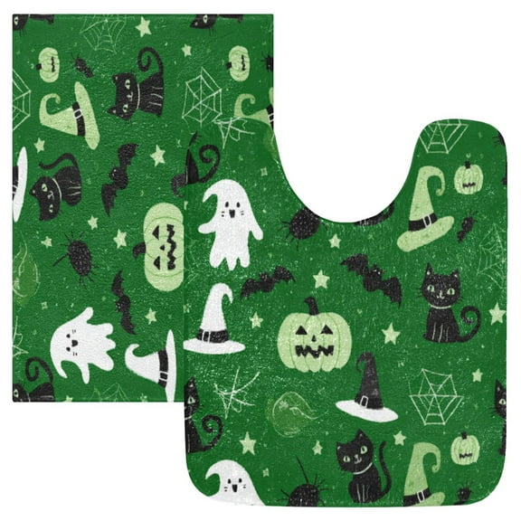 2 Piece Soft Bathroom Rug Set Green Halloween-themed Pattern Bath Mat and U-Shaped Toilet Contour Rug (16"x24" 20"x24")