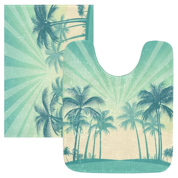 2 Piece Soft Bathroom Rug Set Green Palm Trees Bath Mat and U-Shaped Toilet Contour Rug (16"x24" 20"x24")