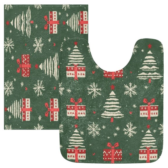 2 Piece Soft Bathroom Rug Set Green and Red Christmas Pattern Bath Mat and U-Shaped Toilet Contour Rug (16"x24" 20"x24")