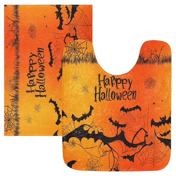 2 Piece Soft Bathroom Rug Set Halloween Background with Bats Bath Mat and U-Shaped Toilet Contour Rug (16"x24"+20"x24")