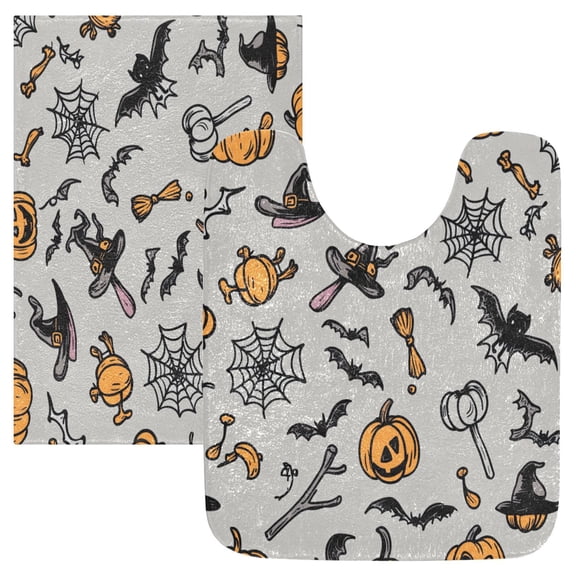 2 Piece Soft Bathroom Rug Set Halloween Design Element Bath Mat and U-Shaped Toilet Contour Rug (16"x24" 20"x24")