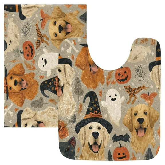 2 Piece Soft Bathroom Rug Set Halloween Dog Pattern Bath Mat and U-Shaped Toilet Contour Rug (16"x24" 20"x24")
