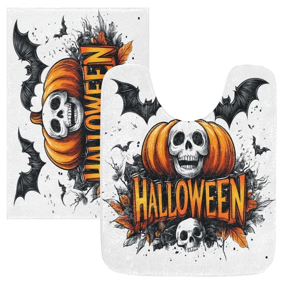 2 Piece Soft Bathroom Rug Set Halloween Elements Logo Bath Mat and U-Shaped Toilet Contour Rug (16"x24"+20"x24")