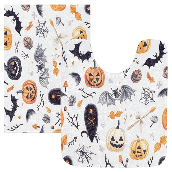2 Piece Soft Bathroom Rug Set Halloween Elements Pattern Bath Mat and U-Shaped Toilet Contour Rug (16"x24" 20"x24")