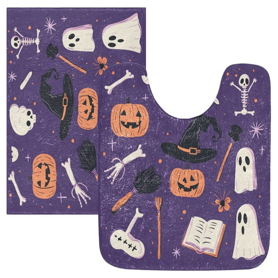 2 Piece Soft Bathroom Rug Set Halloween Elements with Pumpkin Skull Bath Mat and U-Shaped Toilet Contour Rug (16"x24"+20"x24")