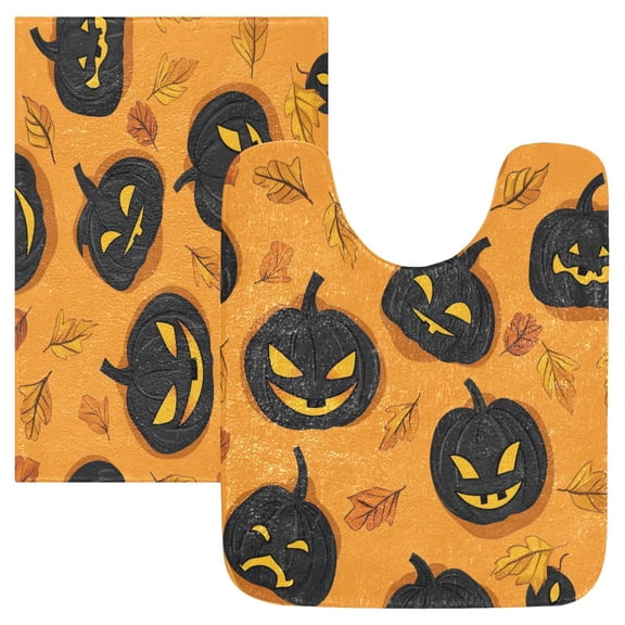 2 Piece Soft Bathroom Rug Set Halloween Orange Pumpkin Pattern Bath Mat and U-Shaped Toilet Contour Rug (16"x24" 20"x24")