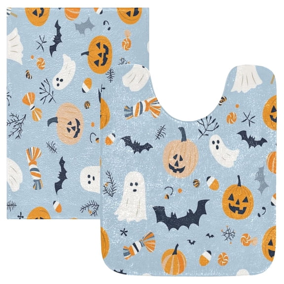 2 Piece Soft Bathroom Rug Set Halloween Pattern with Pumpkins Bath Mat and U-Shaped Toilet Contour Rug (16"x24" 20"x24")