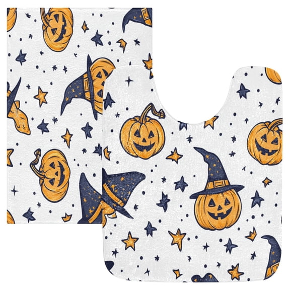 2 Piece Soft Bathroom Rug Set Halloween Pumpkin Bath Mat and U-Shaped Toilet Contour Rug (16"x24" 20"x24")