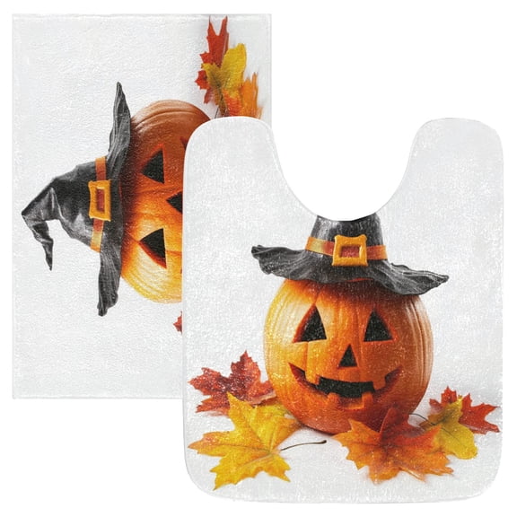 2 Piece Soft Bathroom Rug Set Halloween Pumpkin with Witch Hat Bath Mat and U-Shaped Toilet Contour Rug (16"x24"+20"x24")