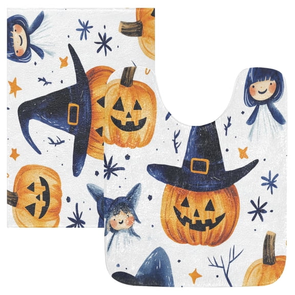 2 Piece Soft Bathroom Rug Set Halloween Pumpkins and Witch Bath Mat and U-Shaped Toilet Contour Rug (16"x24"+20"x24")