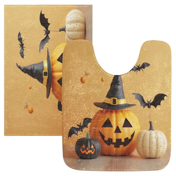 2 Piece Soft Bathroom Rug Set Halloween Pumpkins with Witch Hat Bath Mat and U-Shaped Toilet Contour Rug (16"x24"+20"x24")