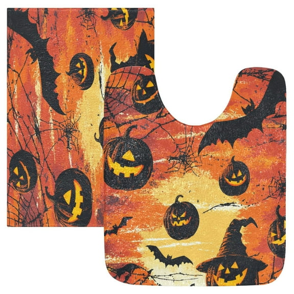 2 Piece Soft Bathroom Rug Set Halloween Themed Pattern Bath Mat and U-Shaped Toilet Contour Rug (16"x24" 20"x24")