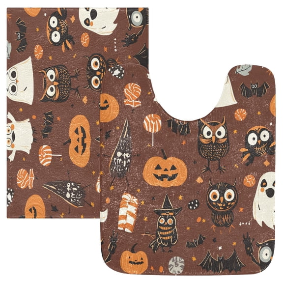 2 Piece Soft Bathroom Rug Set Halloween-themed Cartoonish Characters Bath Mat and U-Shaped Toilet Contour Rug (16"x24" 20"x24")