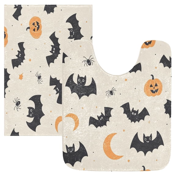 2 Piece Soft Bathroom Rug Set Halloween-themed Cute Animal Bath Mat and U-Shaped Toilet Contour Rug (16"x24" 20"x24")